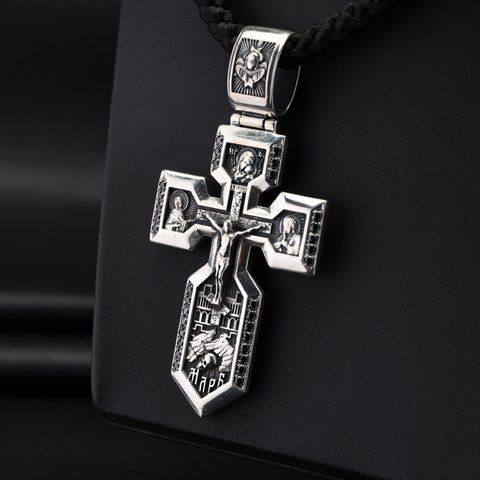 Масивний чоловічий срібний хрест КЛИНОПОДІБНИЙ вагою 26 грам з фіанітами 1803262 фото